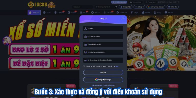 ĐĂNG KÝ LUCK8 5 Bước 3: Xác thực và đồng ý với điều khoản sử dụng